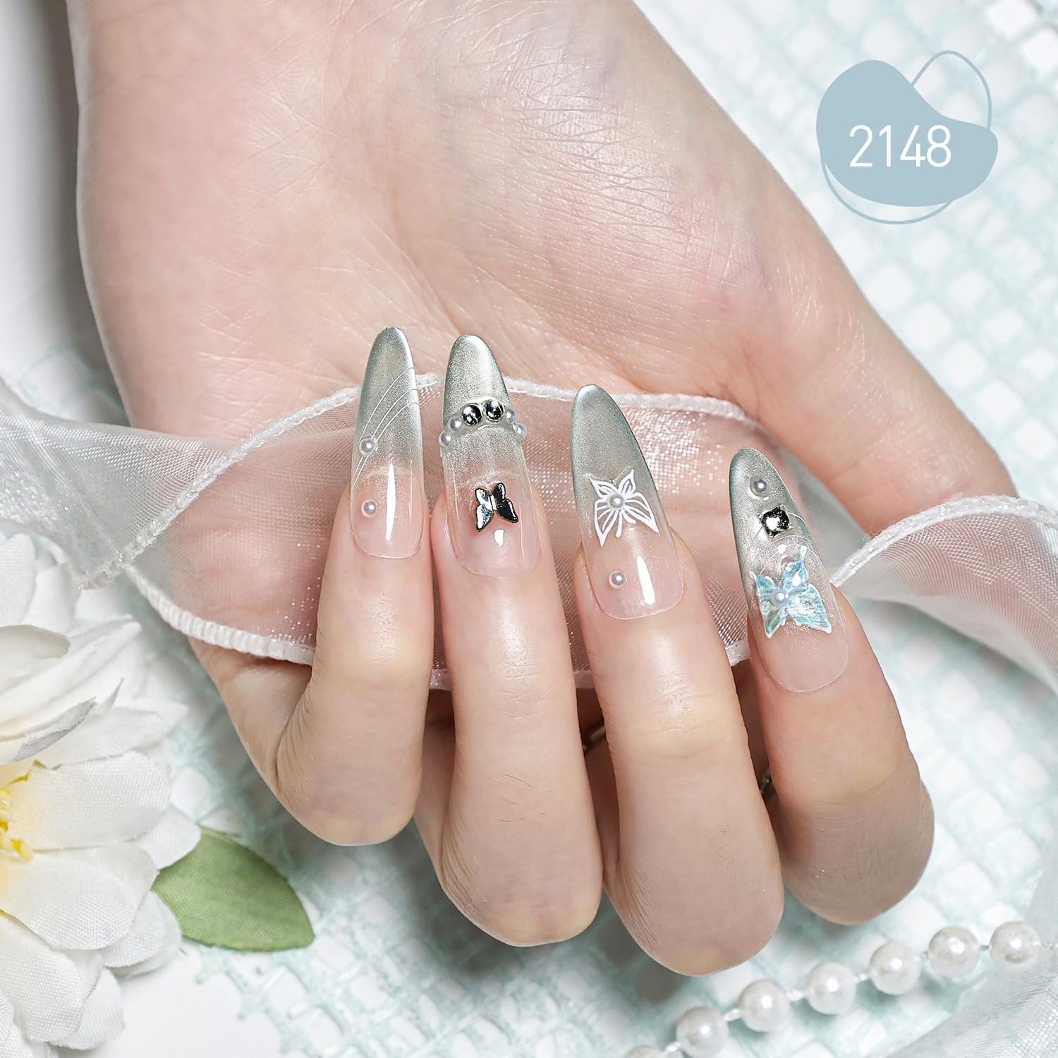 Press on Nails Butterfly Almond Shape Cat Eye Handmade 3D Fake Nail Tips Reus…