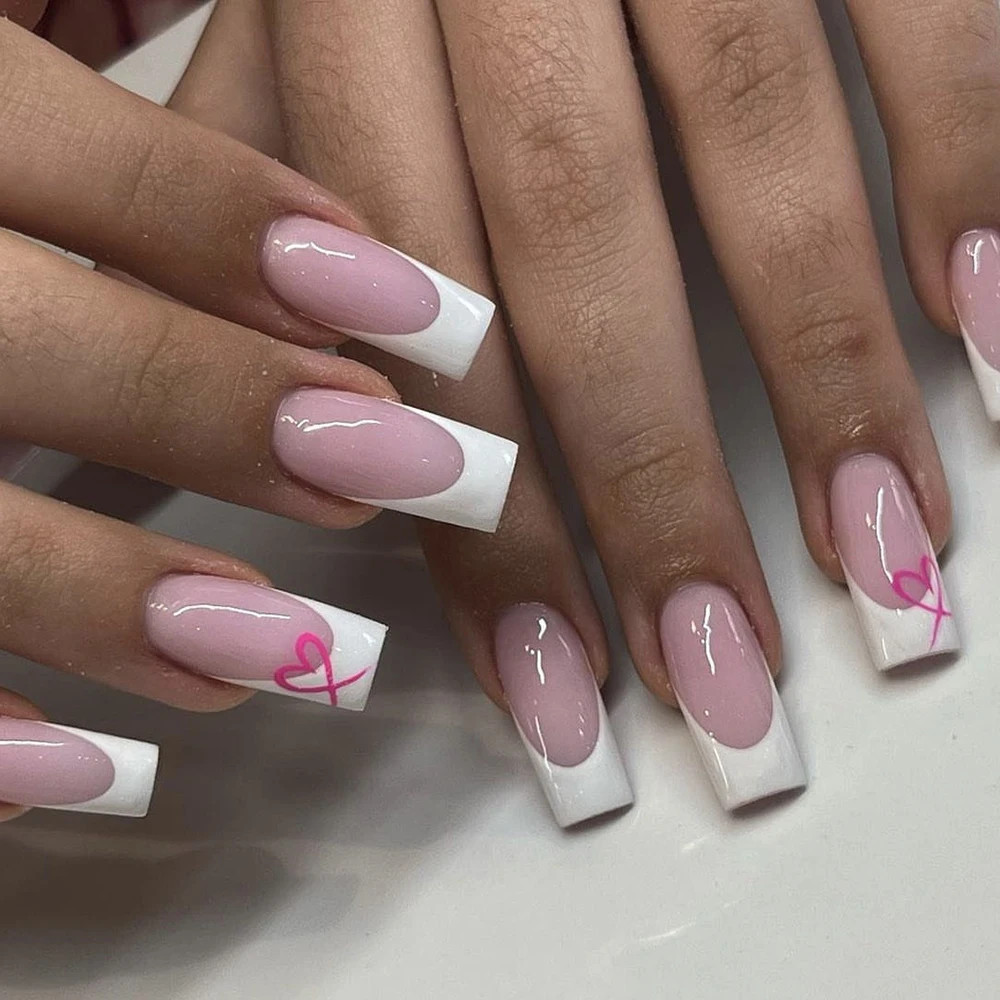 24pcs Short Square Press On Nails Cute Bride Heart White French Tips False