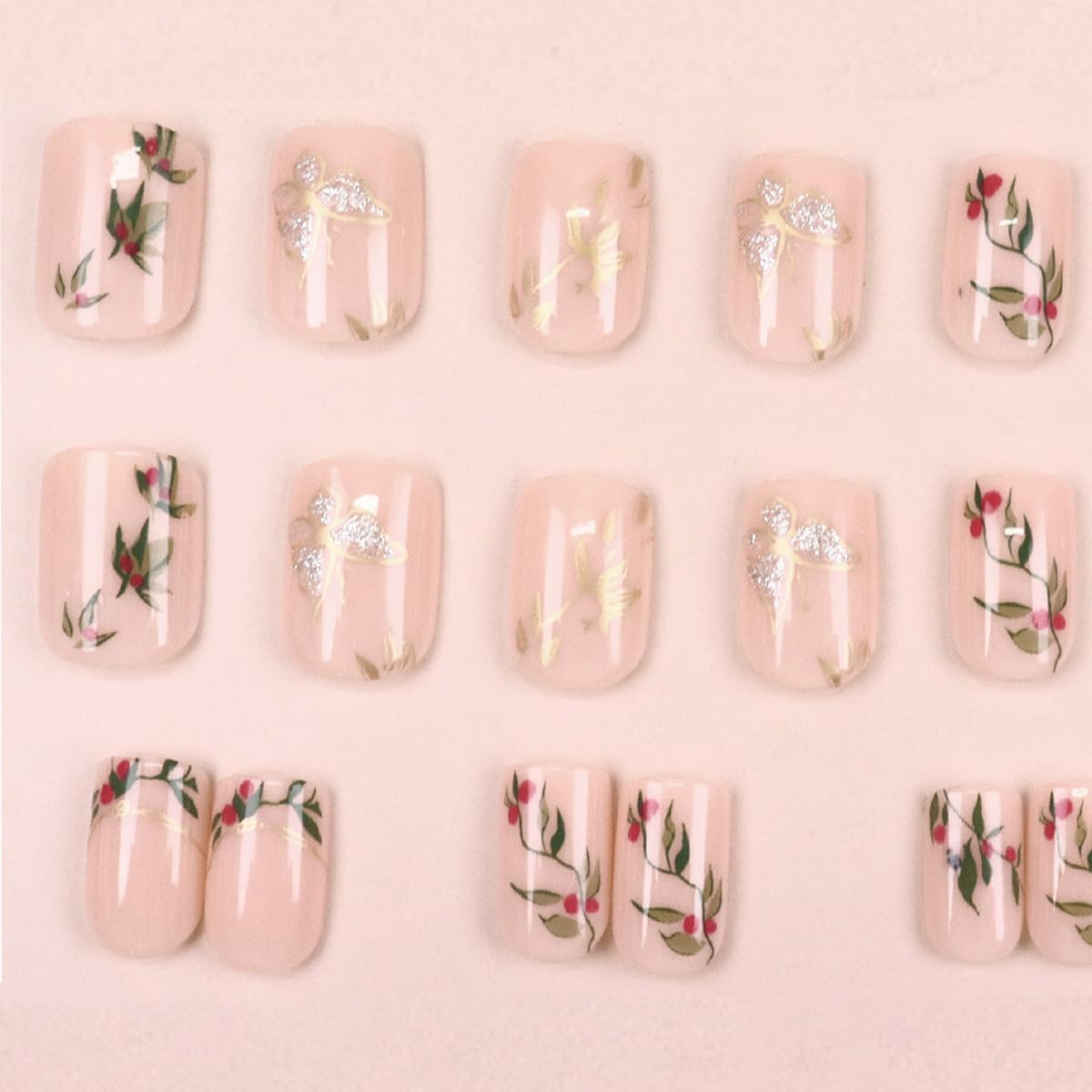 Short Almond Press on Nails, Square Glossy Nude False Nails with Glue, Reusable