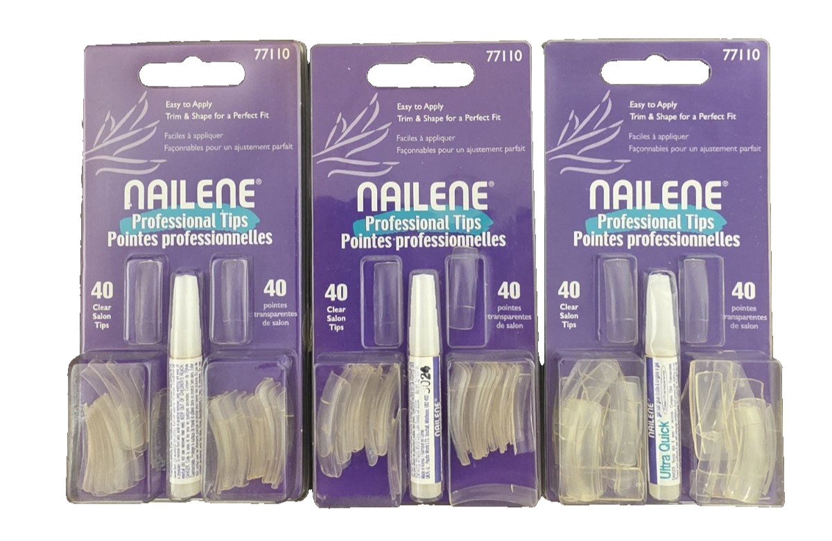 LOT of 3 NEW 40 Each NAILENE Professional Clear Salon Tips w/ Glue 77110