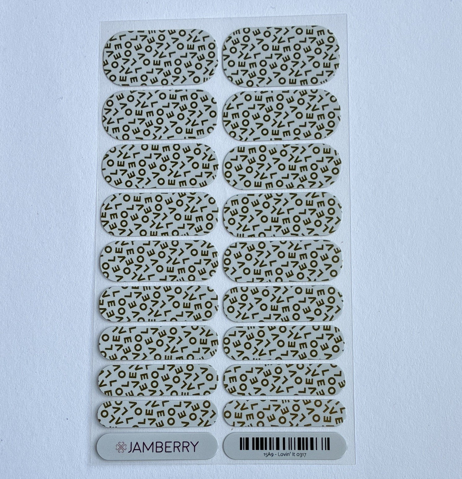 Jamberry Nail Wraps 15A9 “Lovin’ It” 0317 White/Gold Metallic Love Adhesive