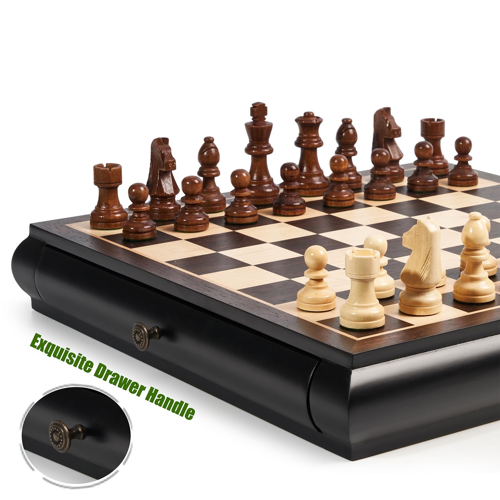 VAMSLOVE Wooden Chess Checkers Game Set 15.5″ L x W x 2.5″ H, Black