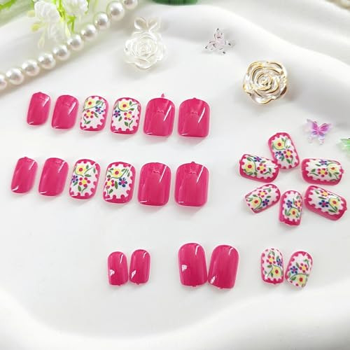 Square Press on Nails Short False Nails with Design Color Flower Green Leaves