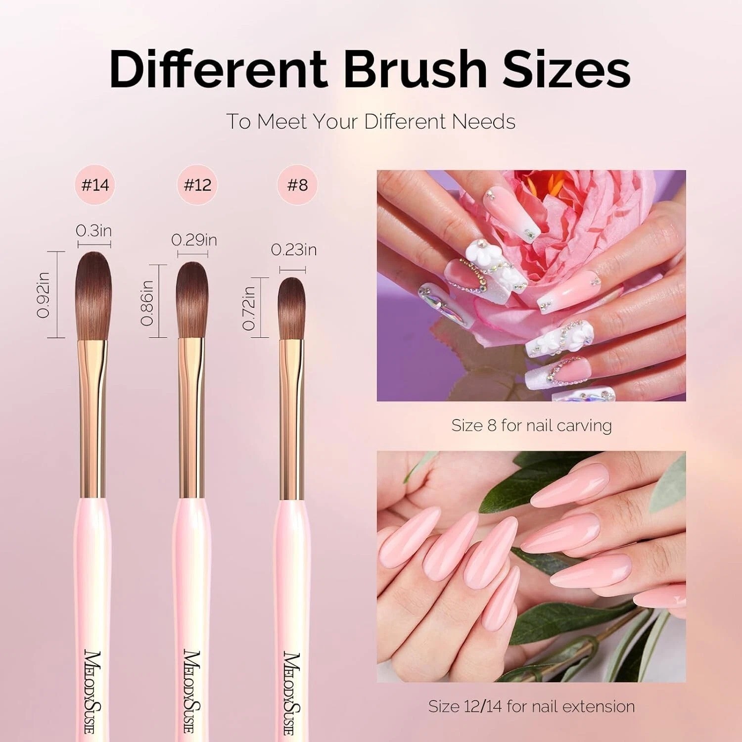 3pcs Professional Acrylic Nail Brush Set, Size 8/12/14 for Powder Application