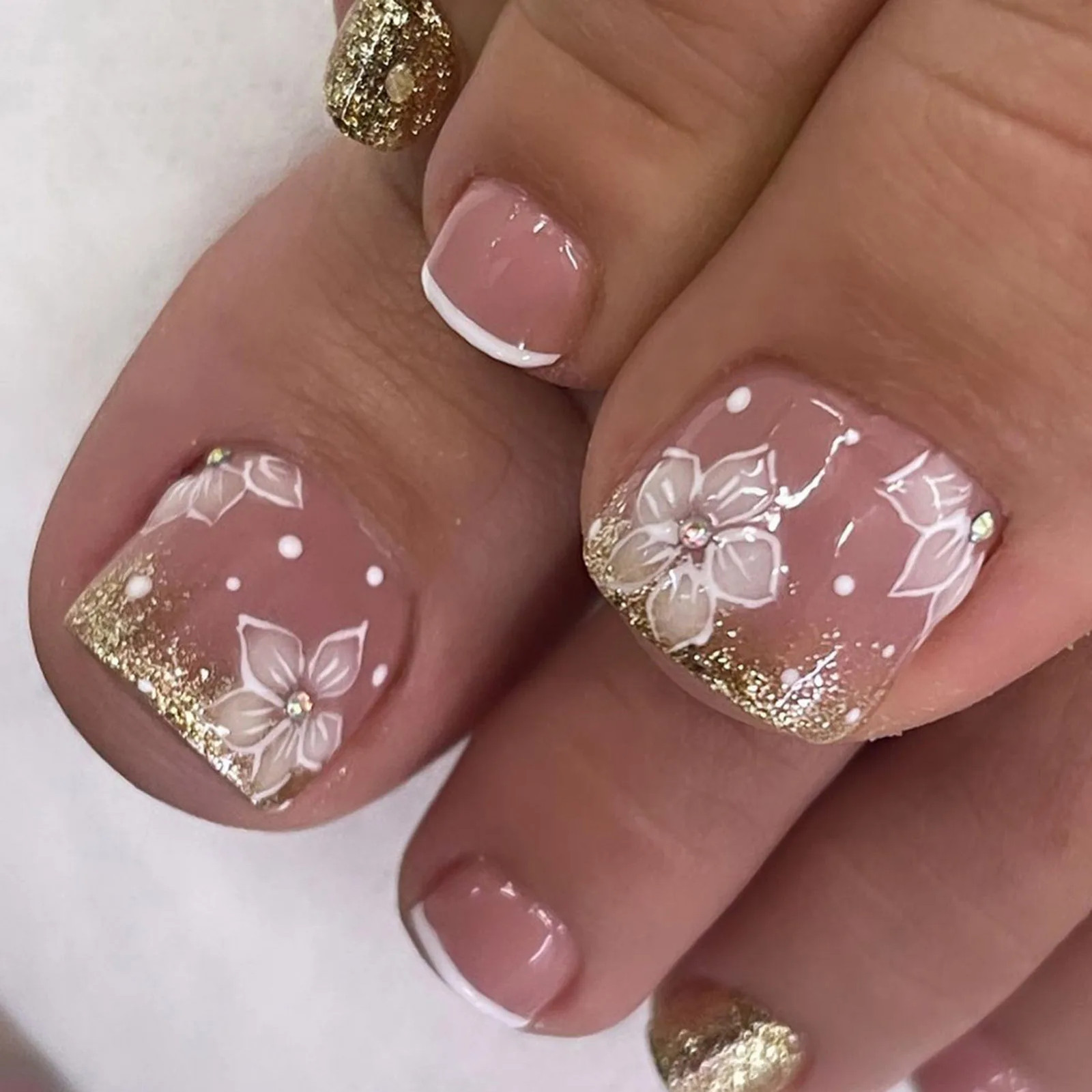 24pcs Glitter Gold Crystal Fake Toenails Simple Nude Pink Press On Toe Nails