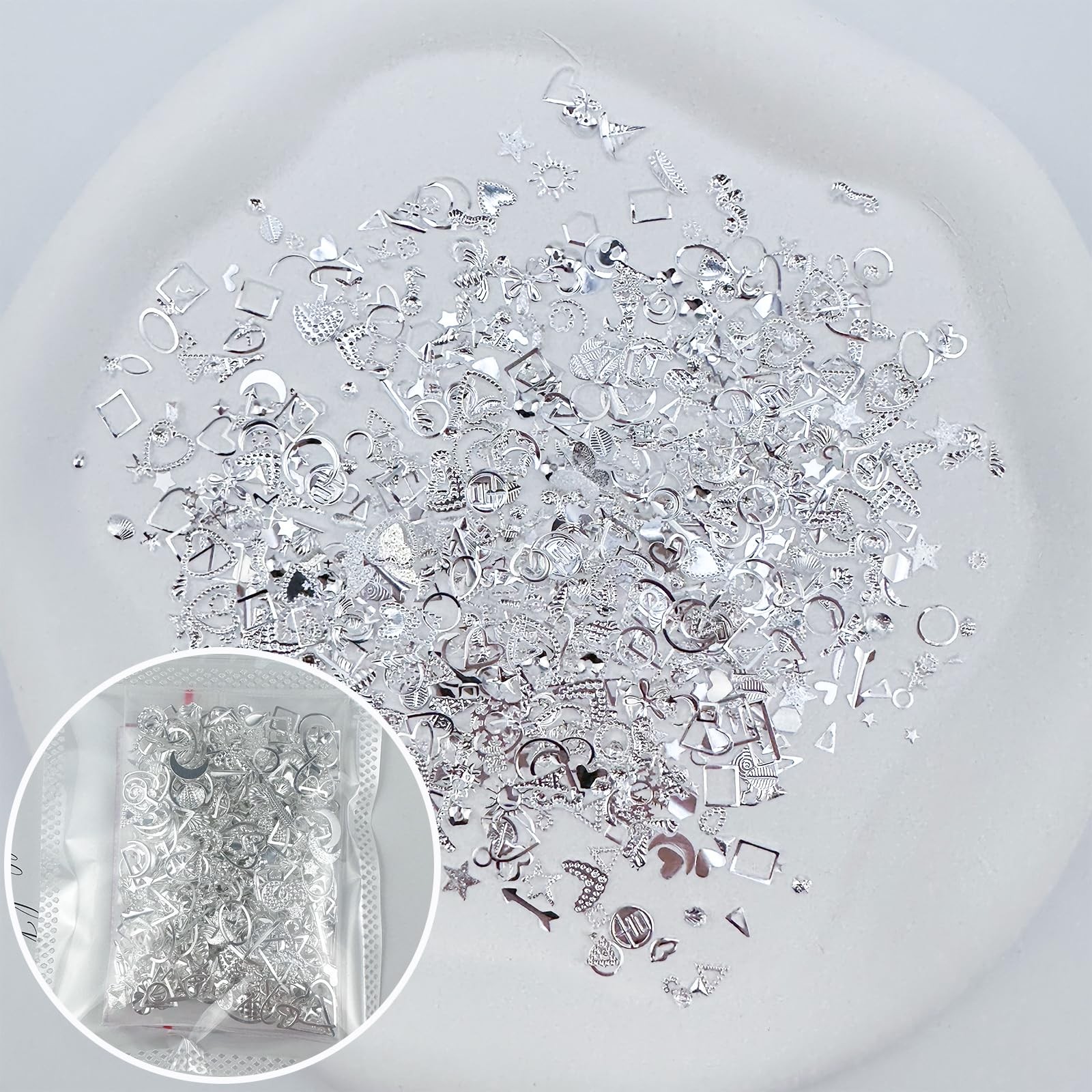900Pcs Silver Nail Charms Alloy Star Nail Rhinestones 3D Nail Art Charms for Nai