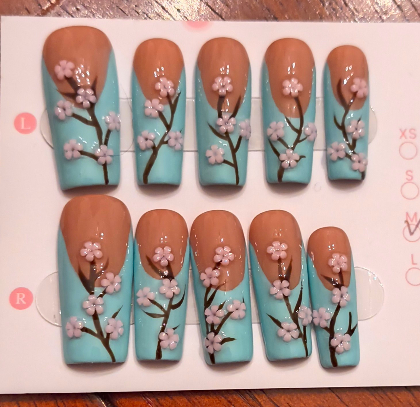 Press-On Nails Medium Square Blue Nude Pink Brown Shiny 3D Floral Pre-Designed