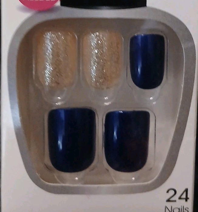 Kiss Press-On Manicure 24 Short Square Tip Nails- Royal Blue Gold Glitter Accent