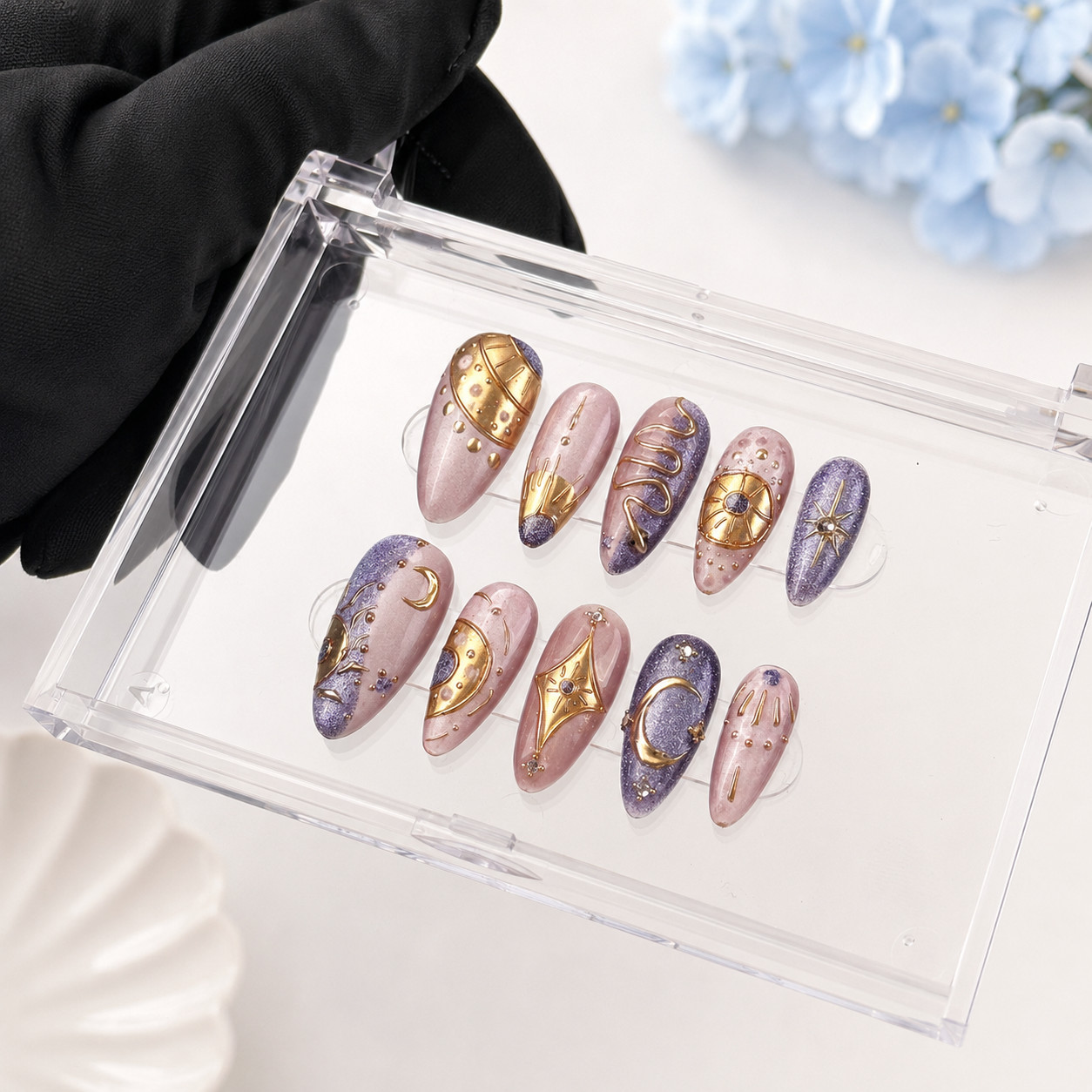 Press On Nails Medium Almond Celestial Moon Star Gold Purple Rhinestone Nail Set
