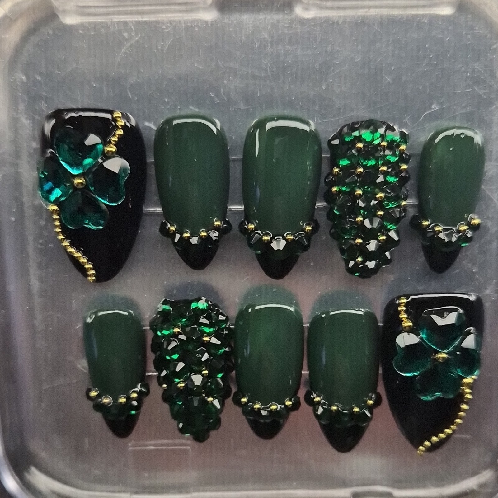 Green Black Gold 3D Flower Almond Press-On Nails Pre-Designed Full Cover