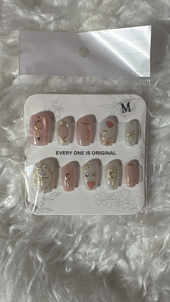 Celestial Moon and Stars Press-On-Nails | Nude Pink Square False Nails – Medium