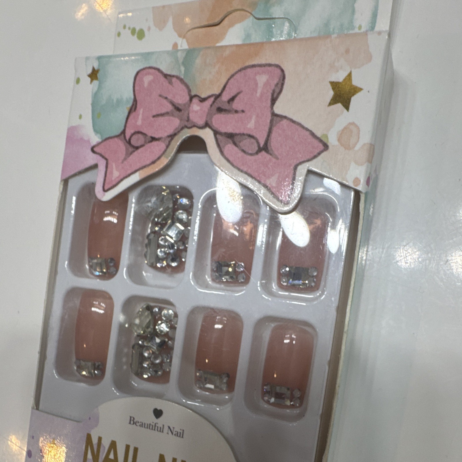 Nail Nina Press-On Nails Pink Silver 3D Shiny Square Full Cover Acrylic Set