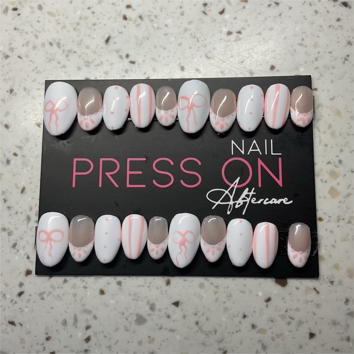 Aftercare Press-On Nails Set French White Pink Beige Bow Pre-Designed