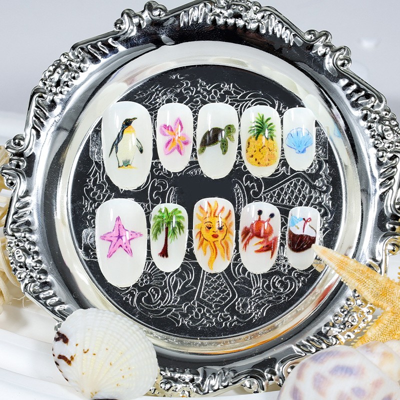 48Pcs-Long Almond White Beach Tropical Sun Turtle Crab Fake Press on Nails Set