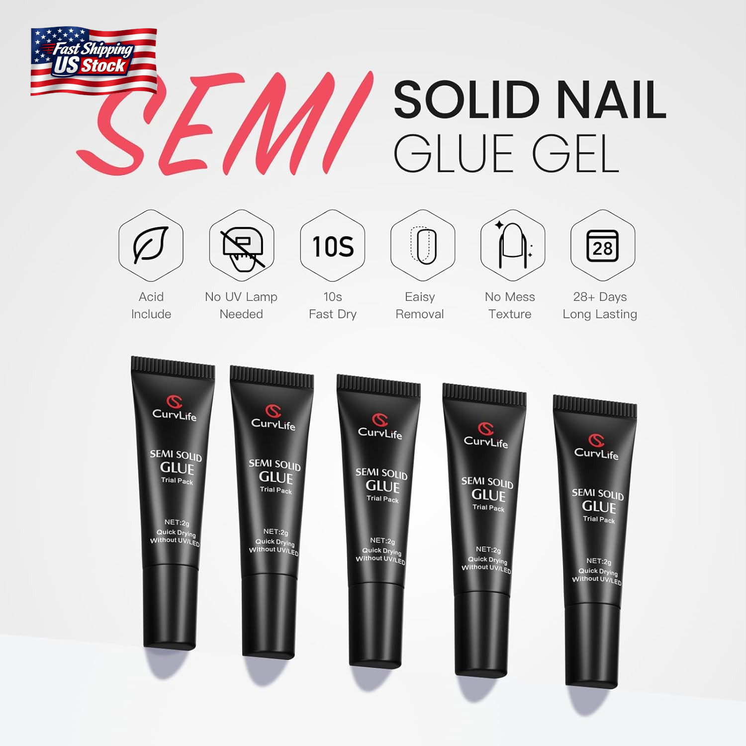 Curvlife Nail Tips Semi Solid Nail Glue 2G (5Pcs) – Super Strong, Soft Glue Gel