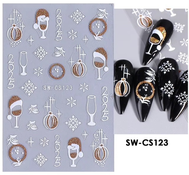 Nail Art Stickers GOLD & WHITE GLITTER CELEBRATIONS 2025 ! SW-CS123