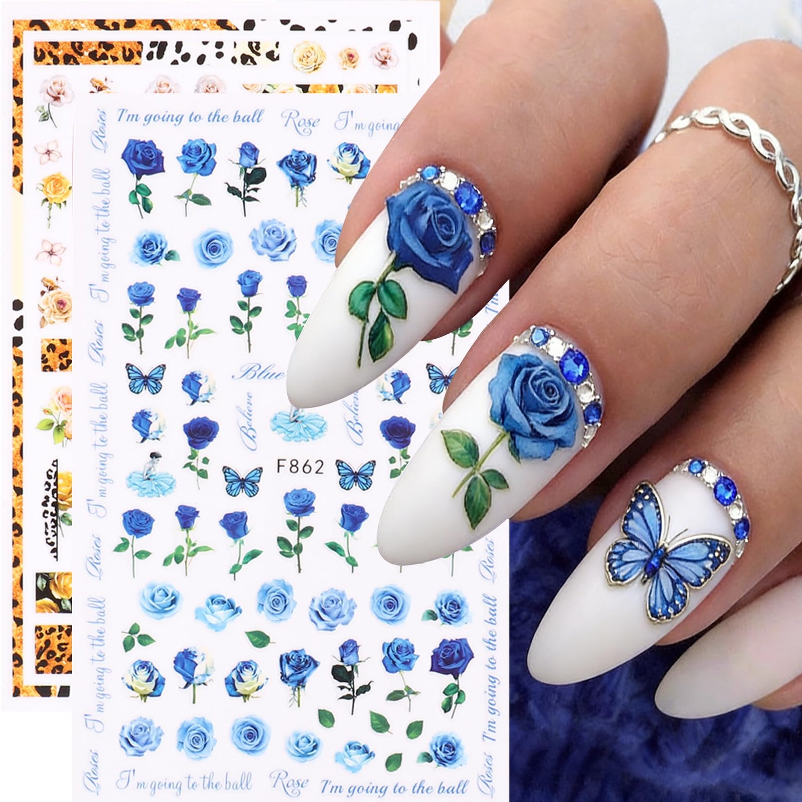 Rose Flower Nail Stickers Decals 12 PCS Romantic Red Pink Rose Nail Art Stick…