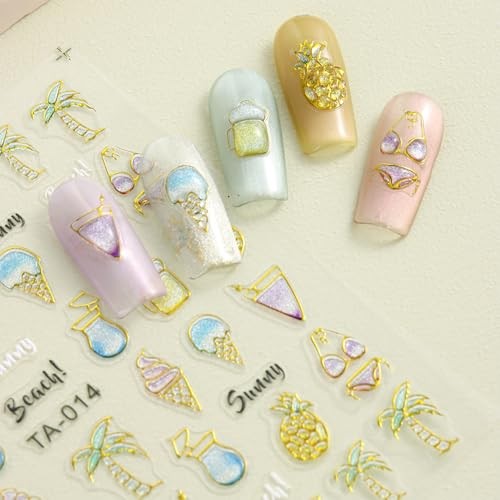 2 Sheets Gold Nail Art Stickers Decals 5D Embossed Self-Adhesive Summer Beach