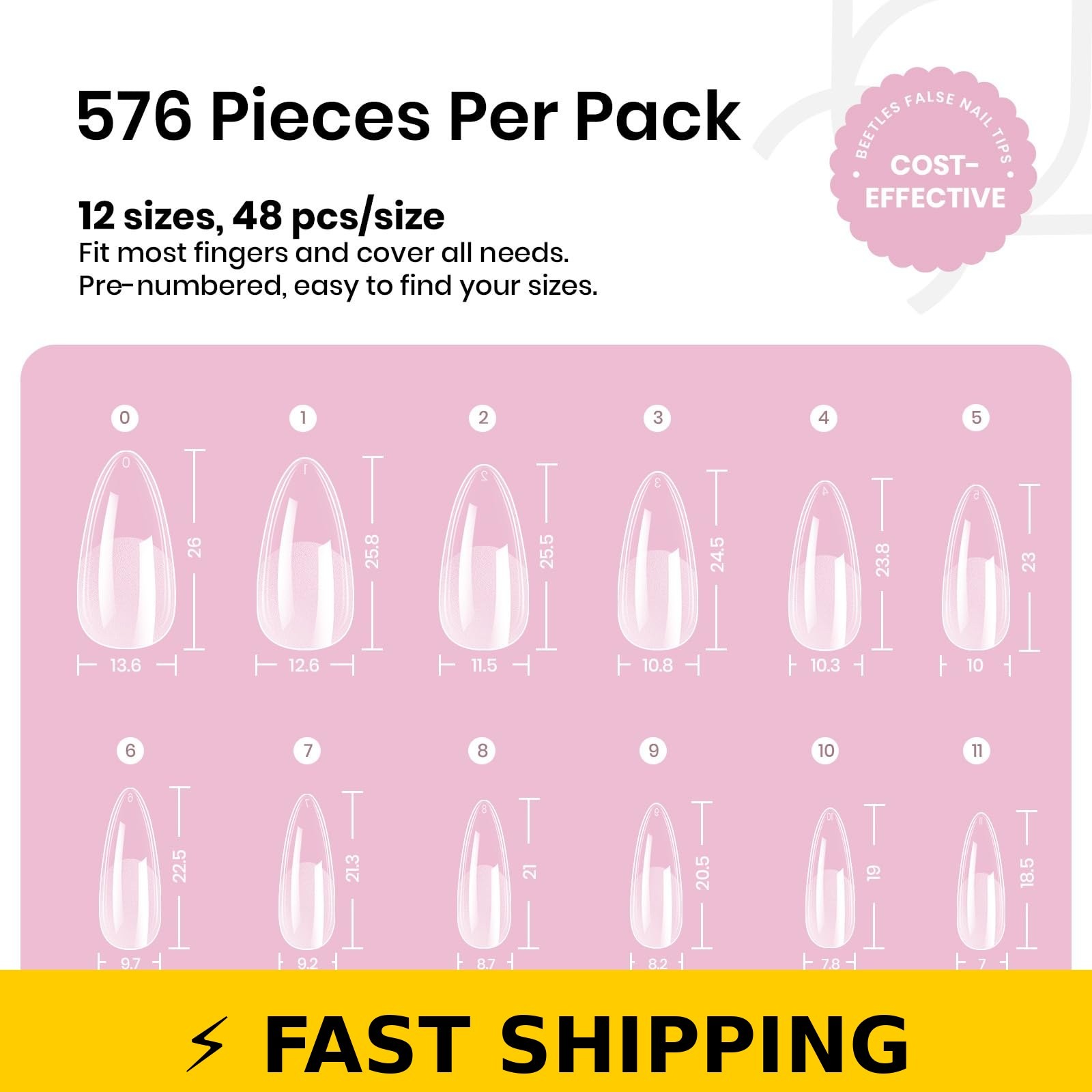 Beetles Medium Almond Nail Tips 576pcs, Pre-Etched Soft Gel Tips