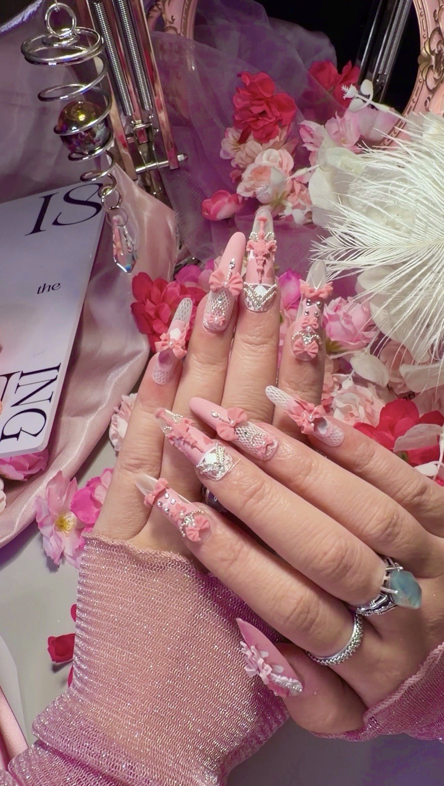 Pink Princess Bow Lace Flower Matte Finish Press On Nails Long Y05 With Pearl