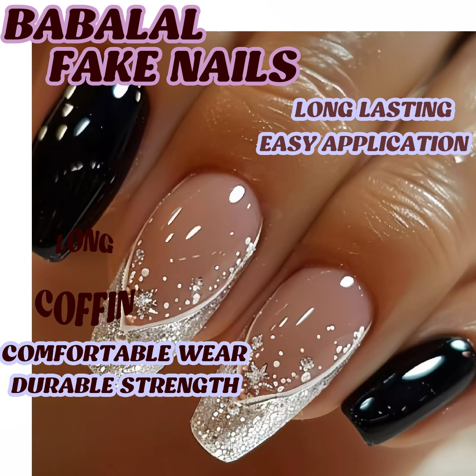 Press on Nails Long Coffin Fake Nails Black Glue on Nails Glitter Bling Shine…
