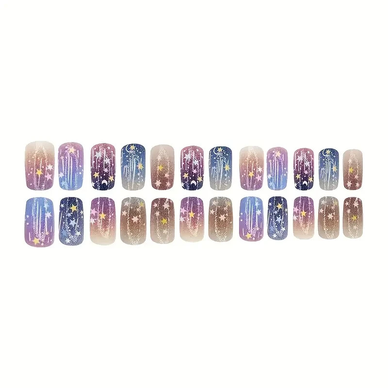 24pcs Square Press-On Nails, Medium Length, Starry Sky Design, Shiny