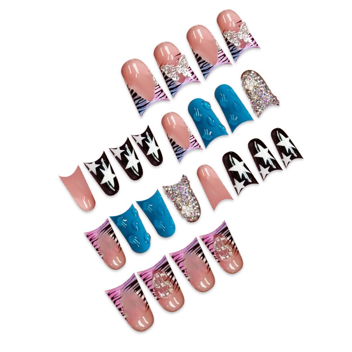 24Pcs Duck Shape French Butterfly Press On Nails With Rhinestones