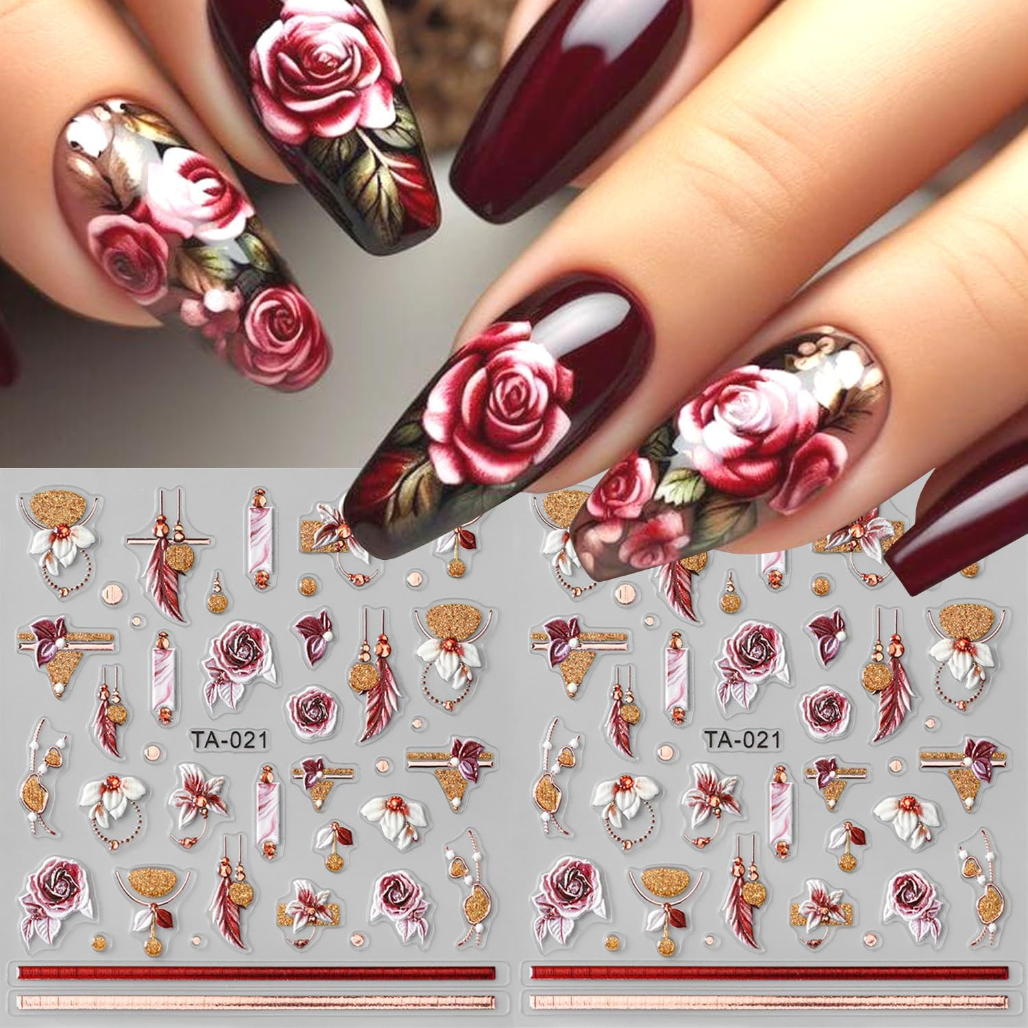 2Sheets 5D Embossed Flower Nail Art Stickers Self-Adhesive Smudge Rose Flowers F