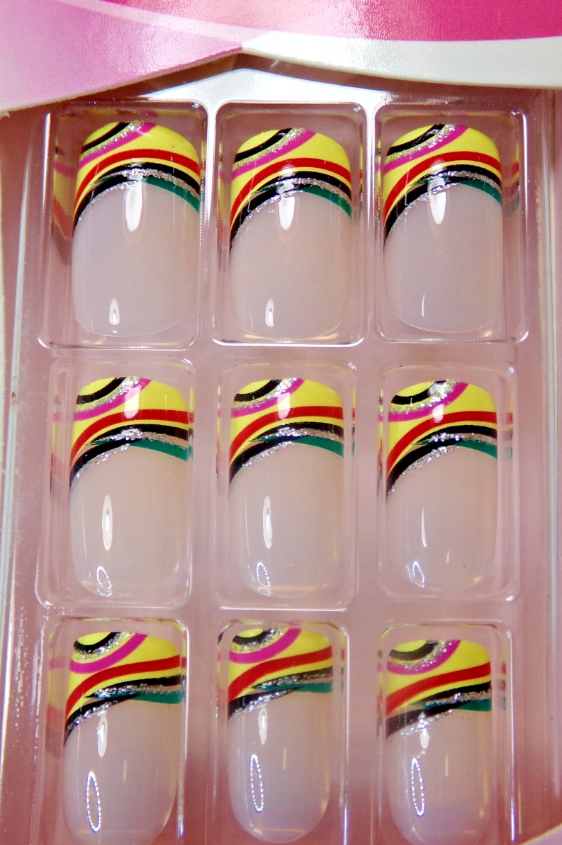 Broadway Fashion Express NAILS Yellow French with Black, Red, GLUE ON Medium