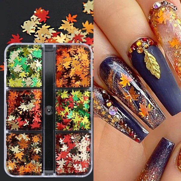 Maple Leaf Nail Art Glitter 6 Boxed Colours Flakes Leaves Autumn