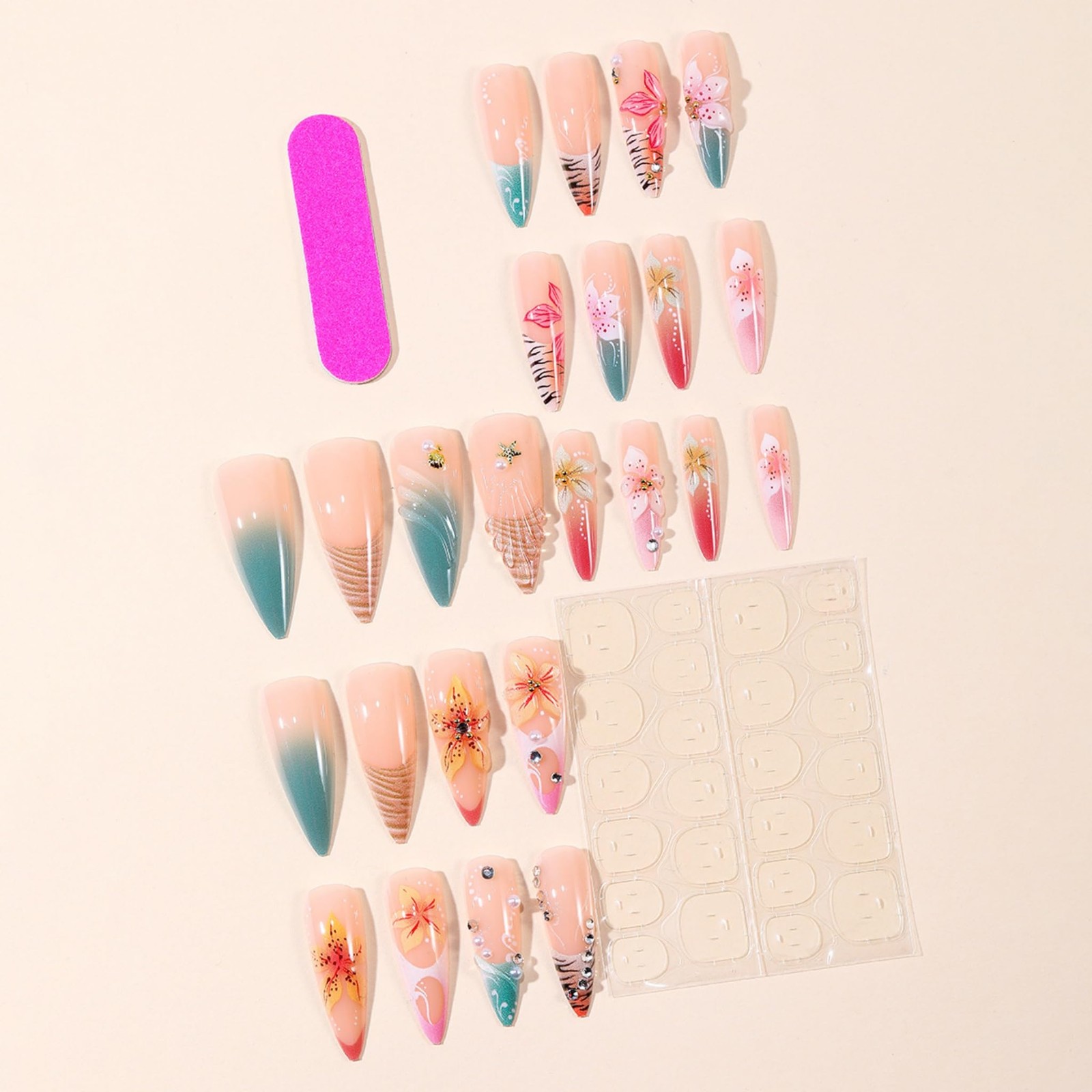 Long Almond Press on Nails, Pink Flowers Fake Nails French Design 24pcs