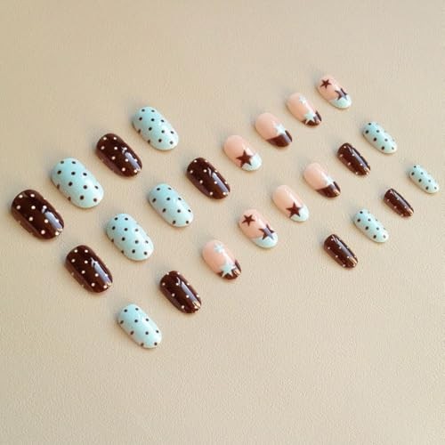 Brown Blue French Tip Press on Nails Short Almond Fake Polka Dot Star French 2