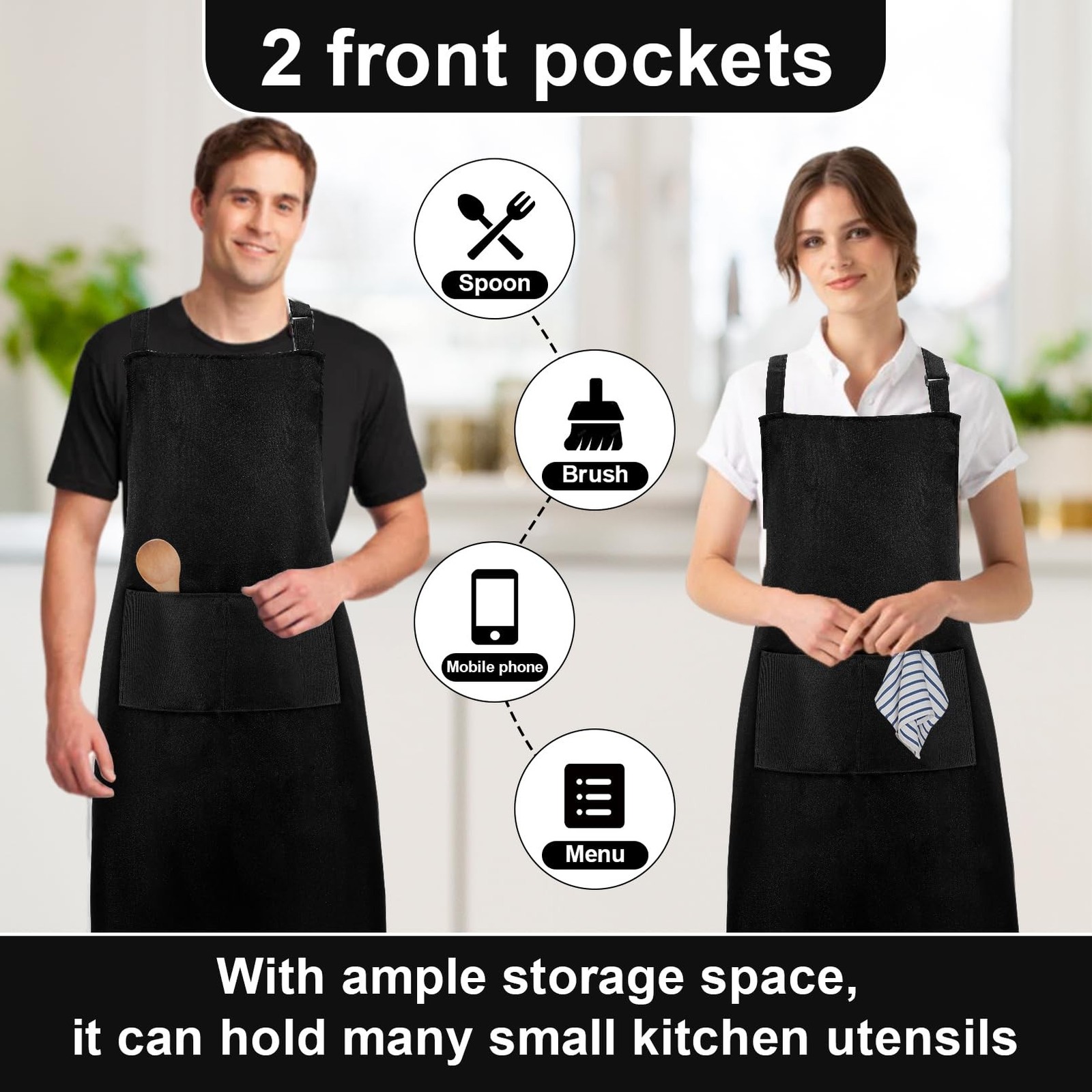 12Pcs Bib Aprons Bulk,Adjustable Black Apron with 2 Pocket,Waterproof Kitchen…