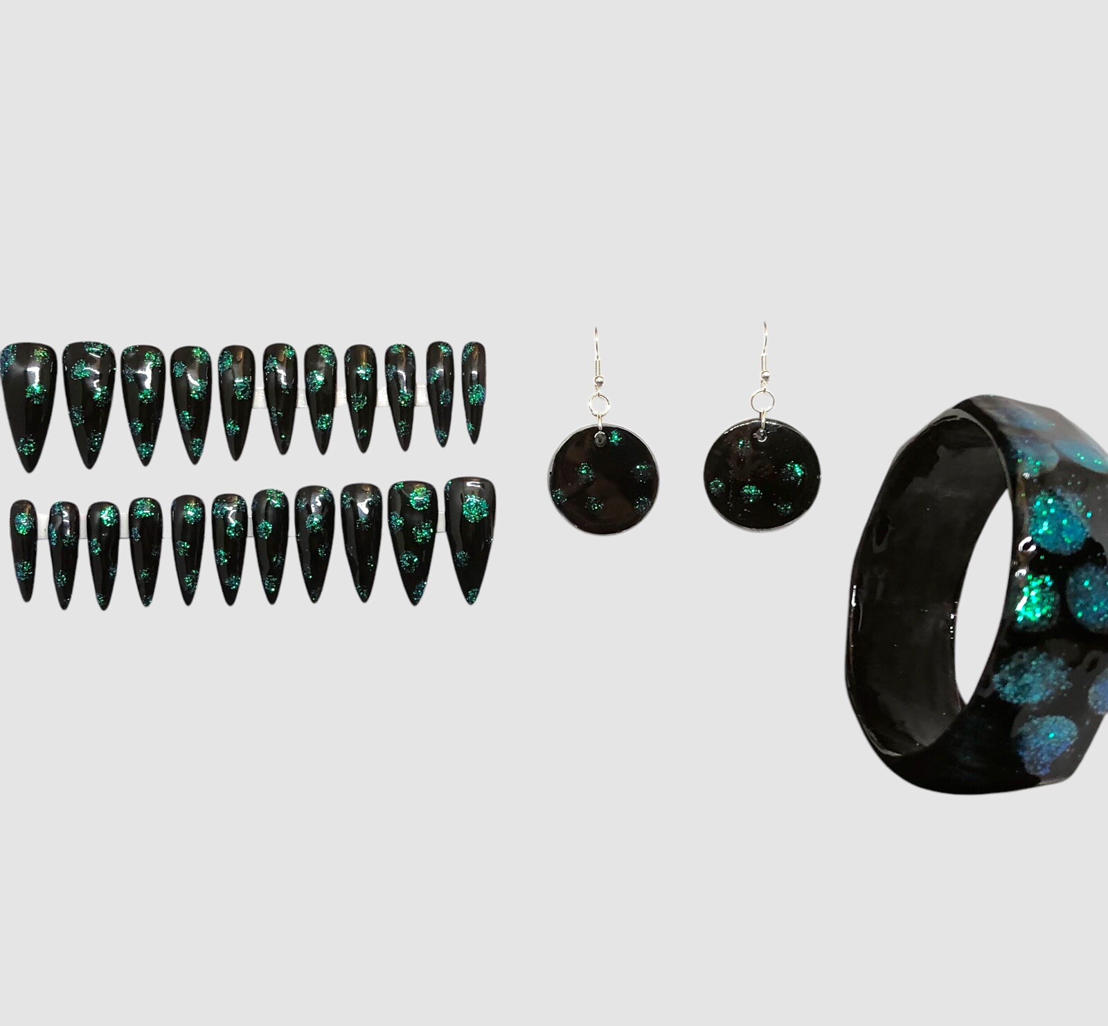 Custom Handmade Press On Nails Long Almond Black & Teal Plus Matching Jewelry