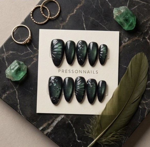 10Pcs Handmade Almond-Shaped Nail Tips, Gemstone Green Cat Eye Design