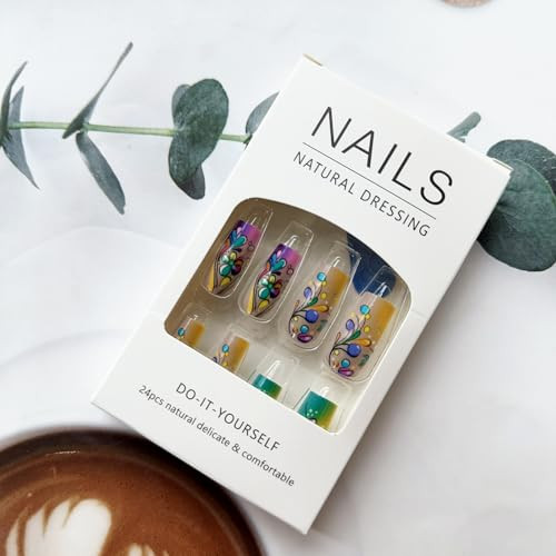 24 Pcs Square Press on Nails Medium Length Fake Nails Colorful Flower Style-A13