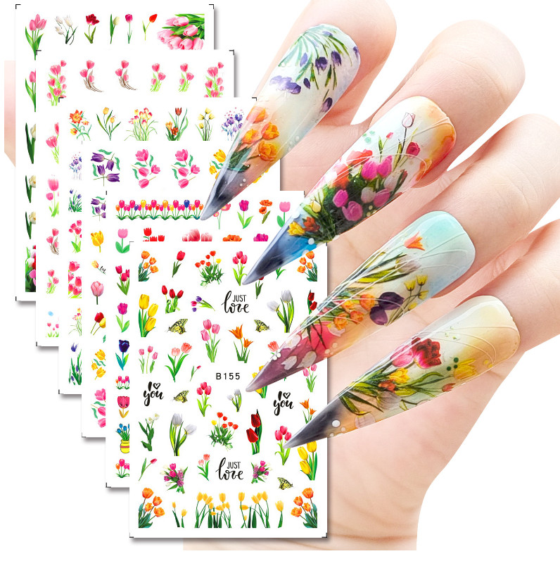 3D Nail Art Stickers Transfers Decals Spring Flowers Floral Fern Tulips DIY NS41