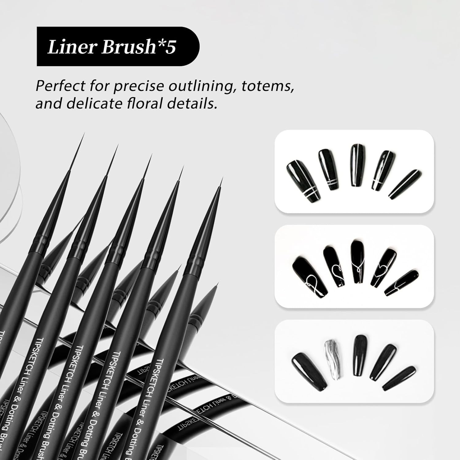 Nail Art Liner Brushes 5Pcs with Caps & Bag,Double‑Ended Thin Liner & Dotting…