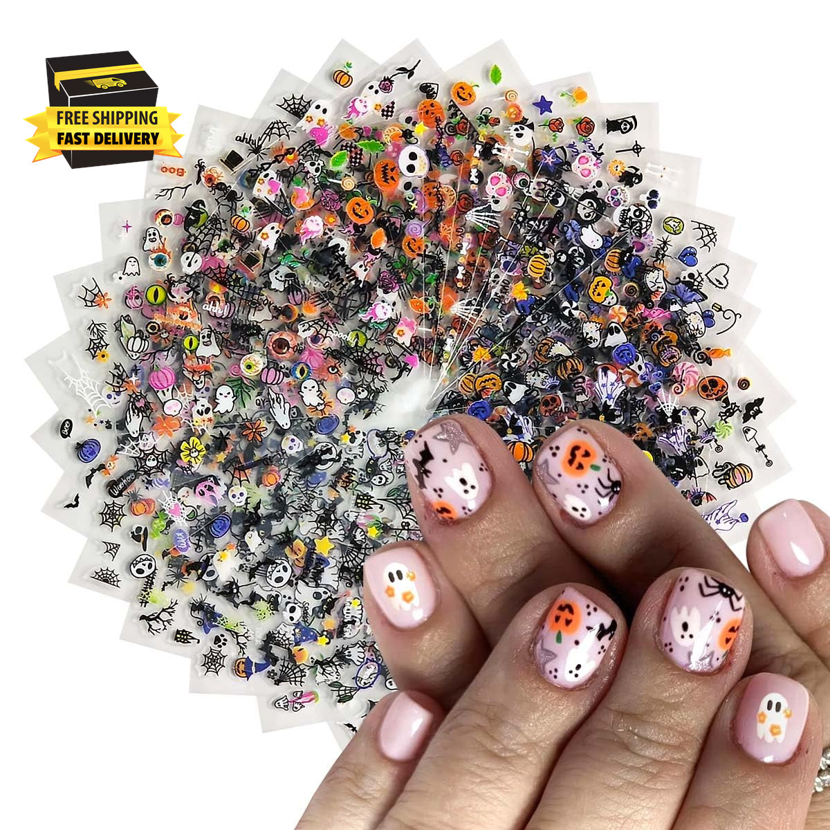 30 Sheets Halloween Nail Stickers for Women Girls & Kids,Cute Ghost Pumpkin Spid