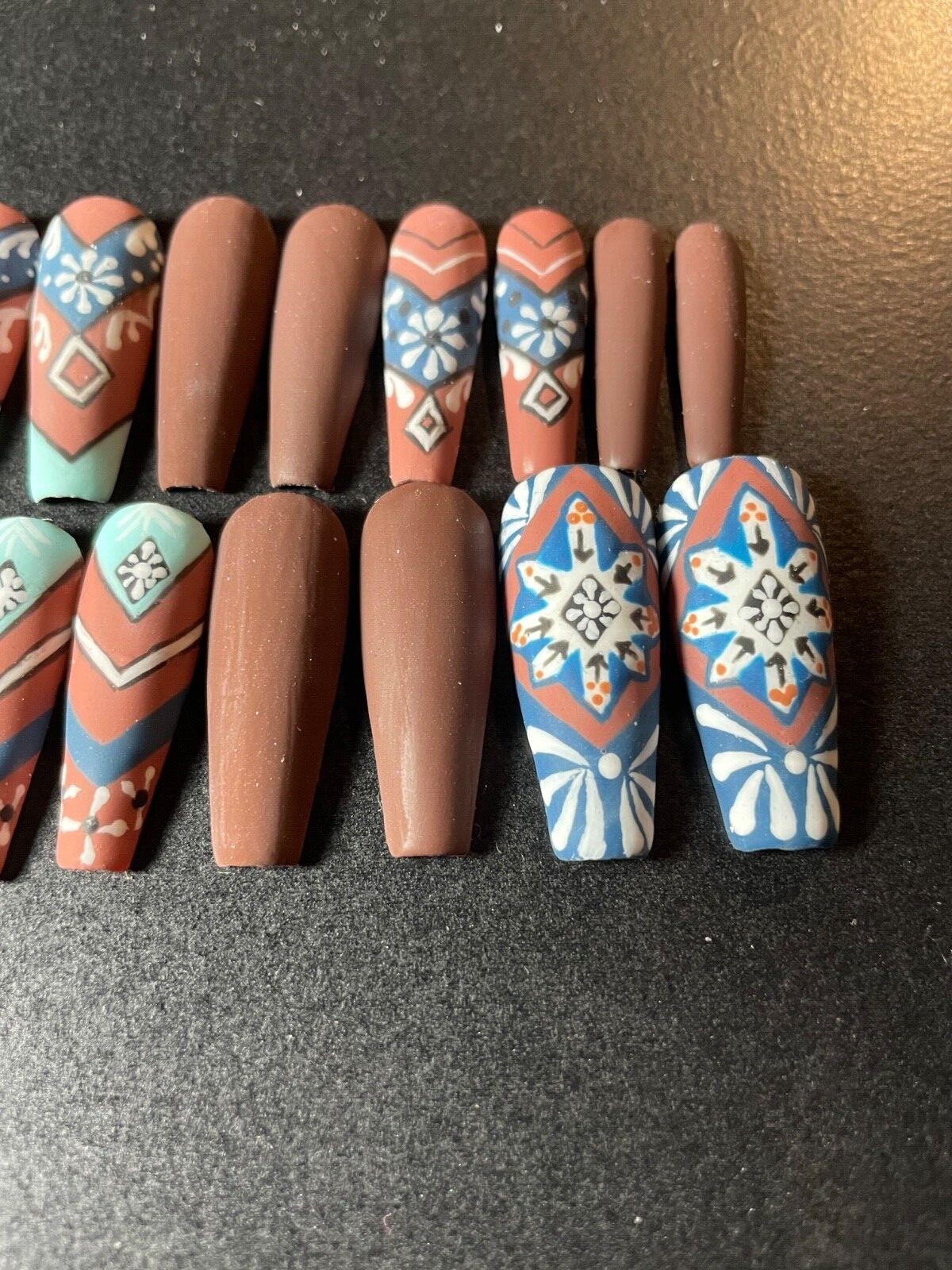 Custom press on nails long 24 matte abstract tribal native brown teal blue white