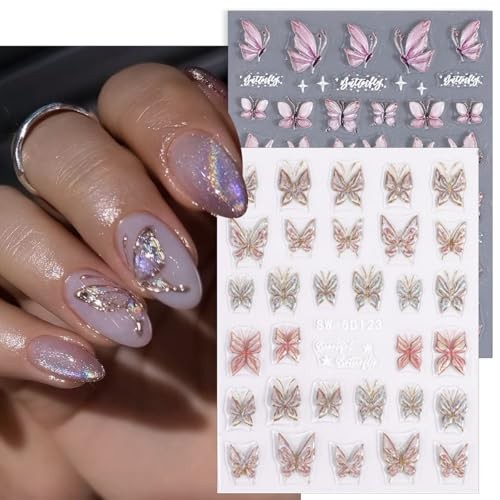 2 Sheets Glitter Butterfly Nail Stickers, Aurora Pink nail stickers 03