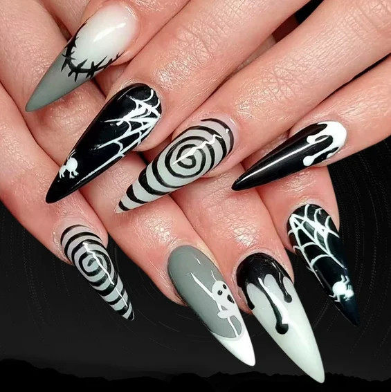 24pcs 2026 Halloween Scary Skull Love Print Press On Nails Glitter Pink Sequins