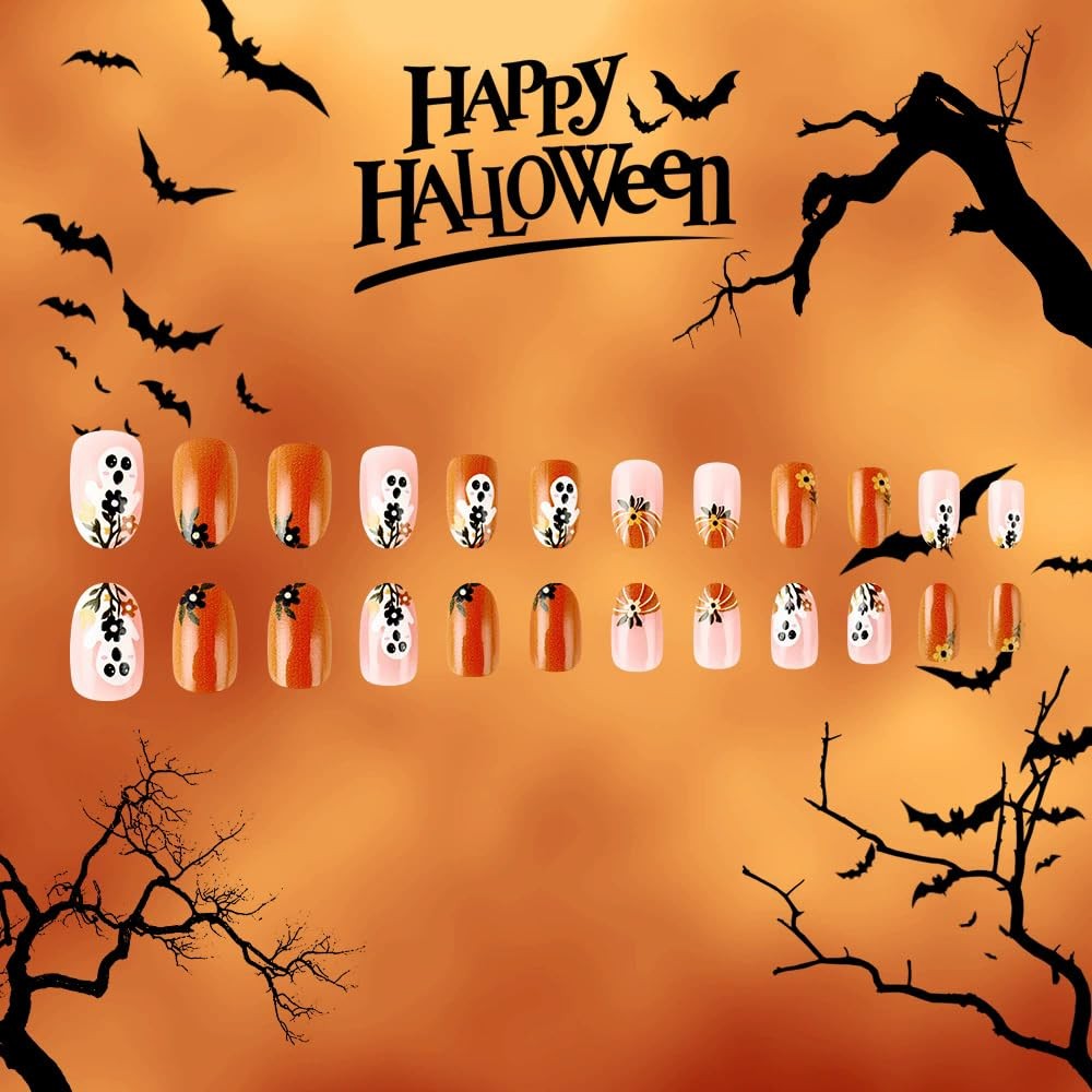 ONPRESS 24Pcs Halloween Press on Nails Short Almond Fake Multicolor