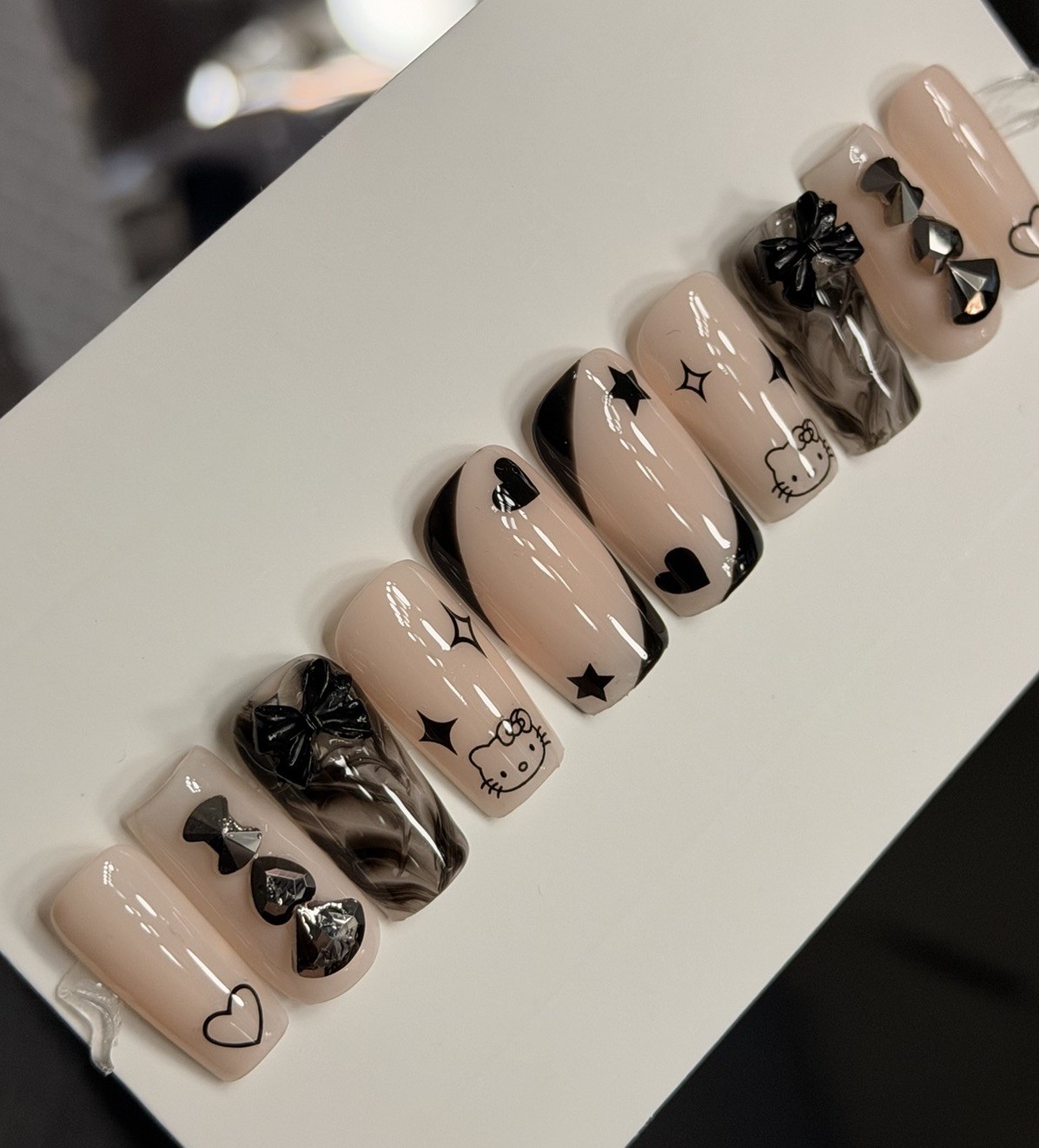 ✨ CUSTOM Press On Nails Nude BLACK HELLO KITTY BLING BOW 10p SET W Kit