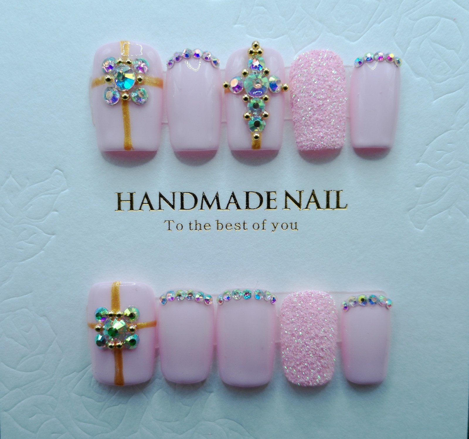 Short Square, Medium-Large Size Creamy Pink and Glitter Press-on Nails