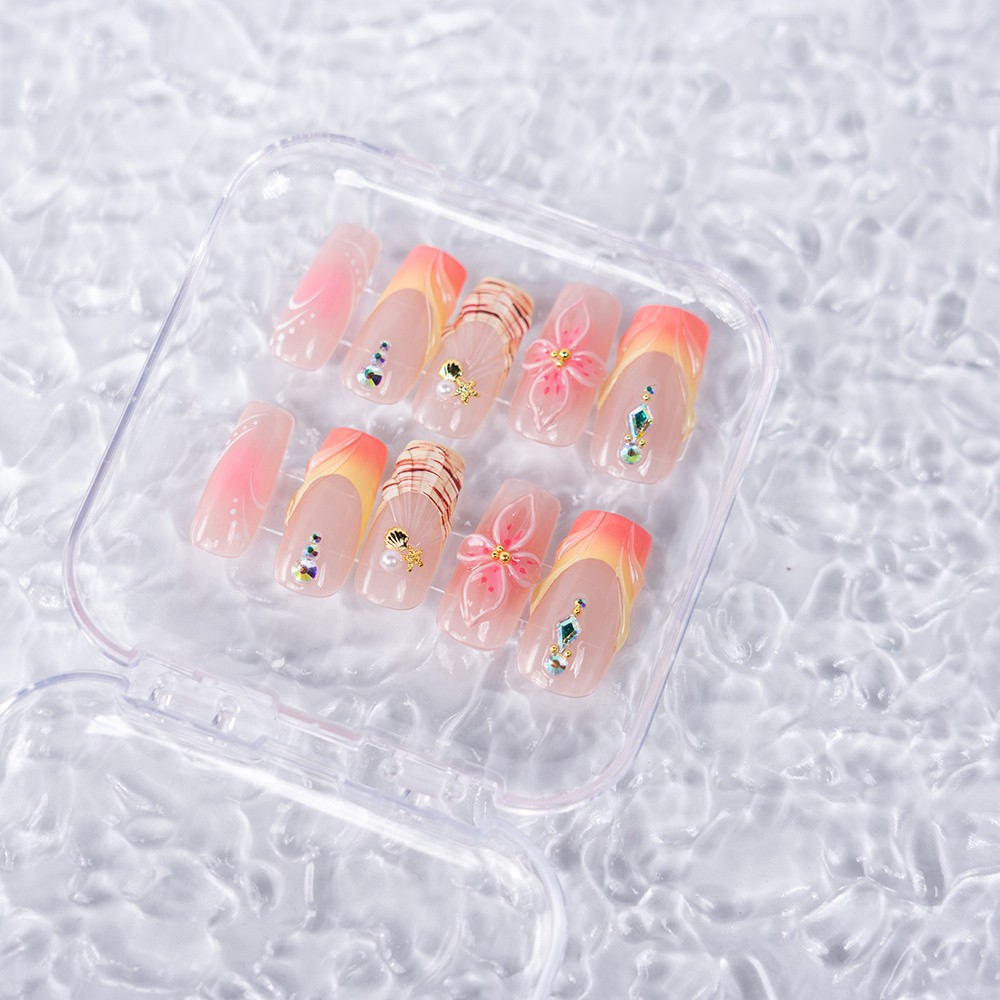 10pcs Peach Gradient Square Nails 3D Flower Gems Tropical Summer Style