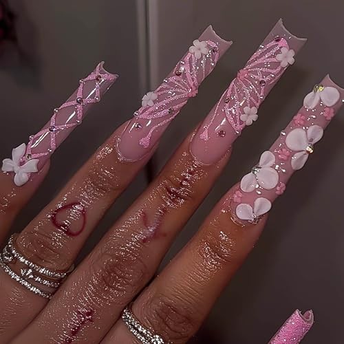RUOKEXIN Long Square Press on Nails – Pink French Tip Fake Long Style-C6C31