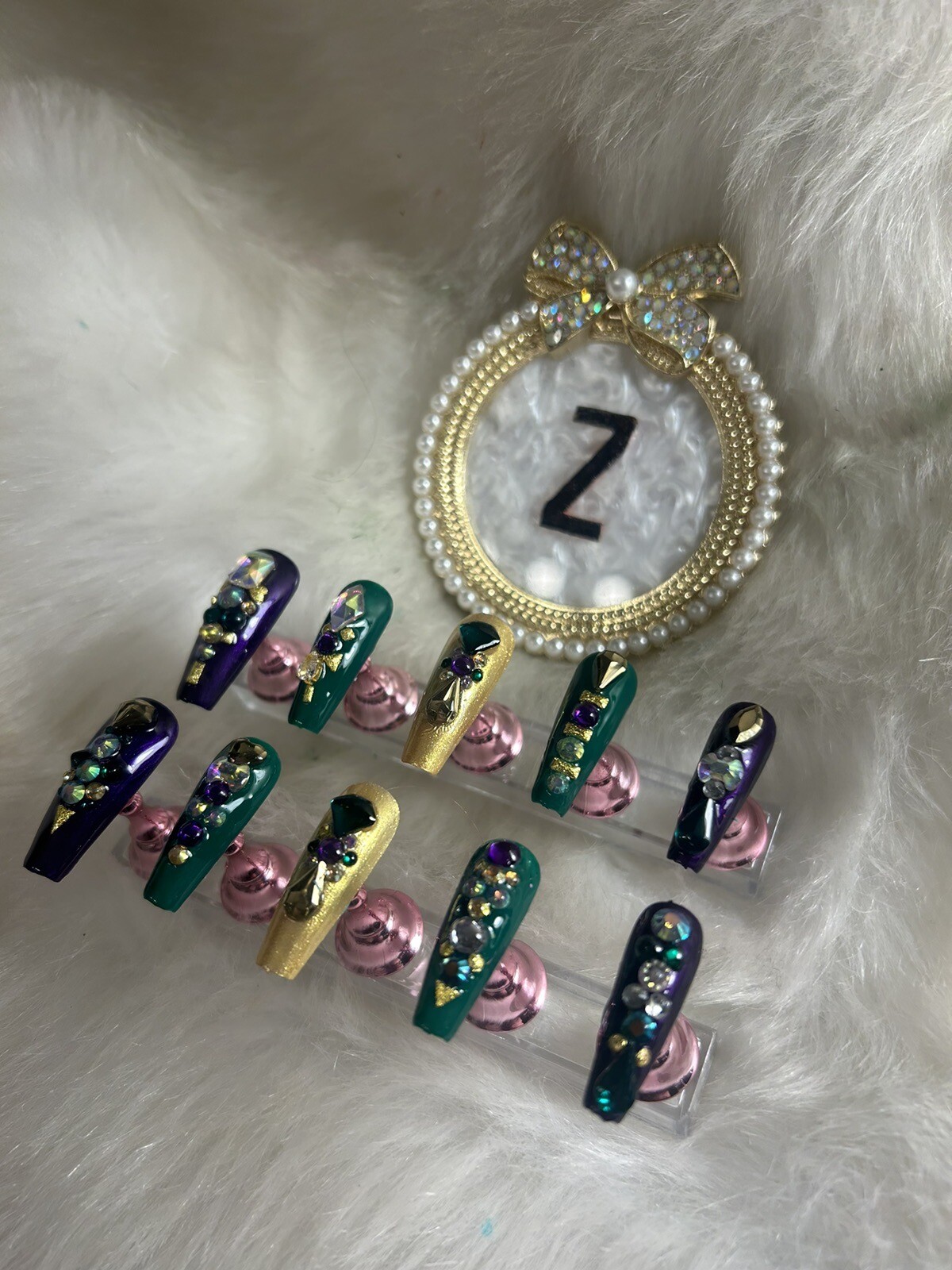 Z NAILZ! Gorgeous Set Of L Ballerina Mardi Gras Heavily Jeweled Press On Nails