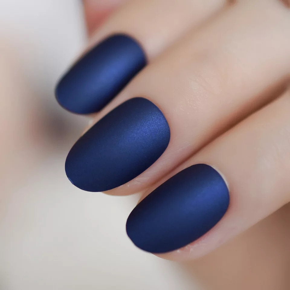 24 Short Press on nails kit w/ glue dark blue satin oval