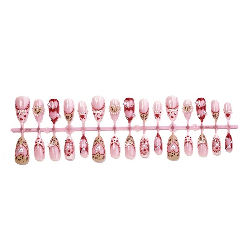 60pcs Stiletto Press on Nails, Red Leopard Heart Pearl Bow Valentines Nails